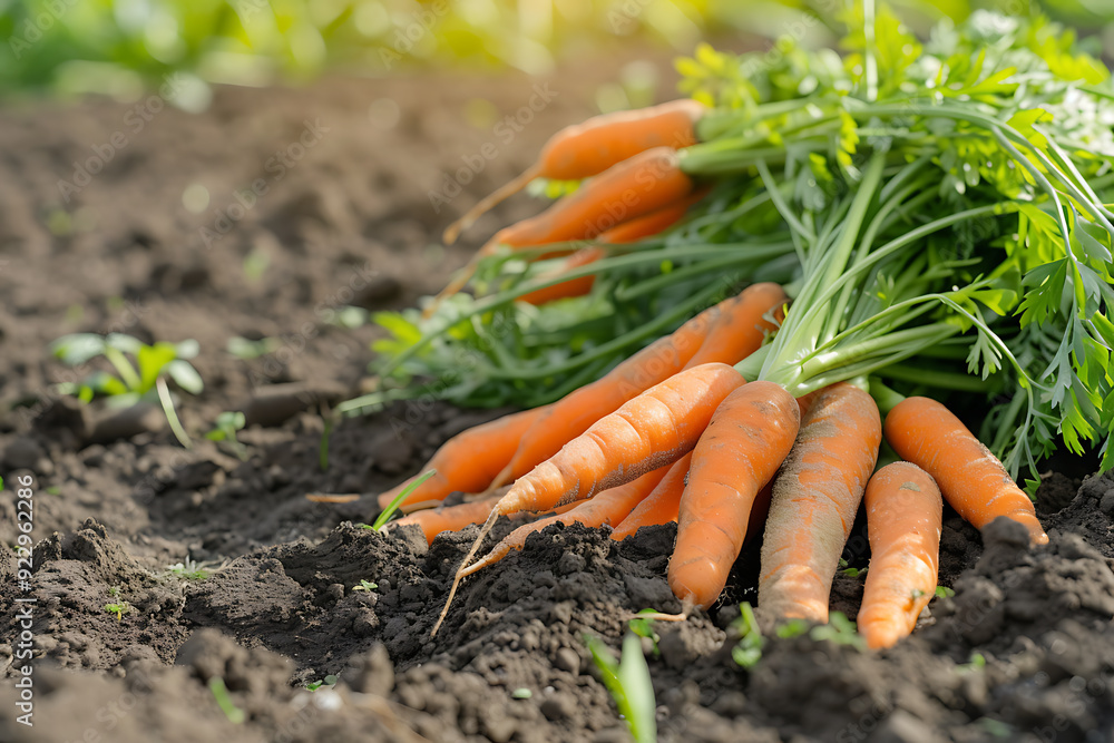 Bunch of fresh carrots on the soil in the garden. Selective focus. nature. Bunch of fresh carrots on the soil in the garden. Selective focus. nature.