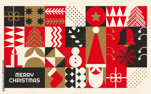 Bauhaus Abstract  Geometric Chistmas pattern background, Scandinavian minimal 20s geometric vector. Marry Christmas banner designs. Xmas Applicable to greeting card, poster, flyer, web banner, etc.