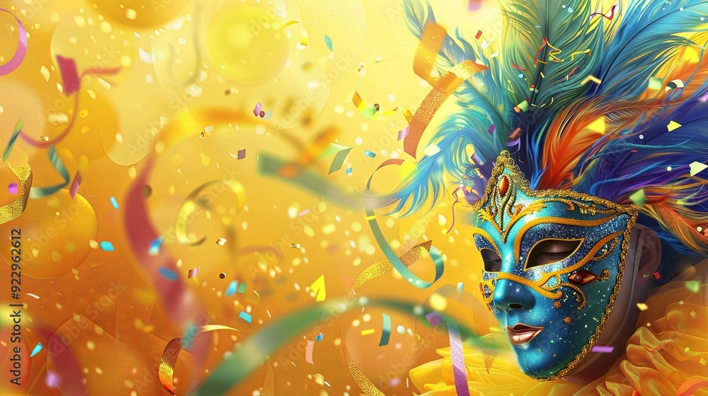 A close-up of a glittering blue masquerade mask with golden accents and feathers, set against a backdrop of golden confetti and ribbons.