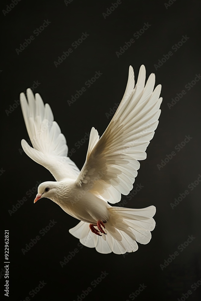 Obraz premium White dove in flight against a black background.