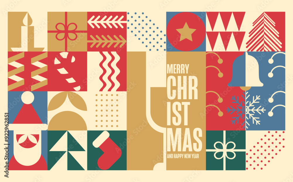 Obraz premium Christmas holiday bauhaus geometric pattern. Merry Xmas wallpaper, banner, Celebration print or winter festive design cover. Retro Holiday vector ornament, fabric minimal Scandinavian modern shapes
