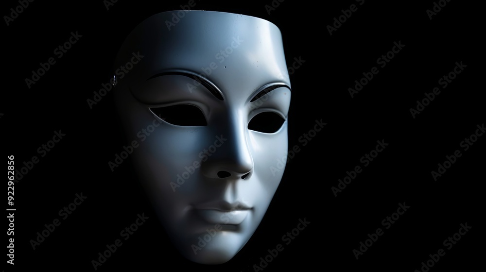 White theatrical mask with black eyes and eyebrows on a black background. White theatrical mask with black eyes and eyebrows on a black background.