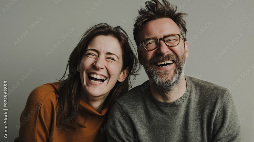 Fototapeta premium Husband and wife couple laughing together with a plain color background, highly detailed and sharp