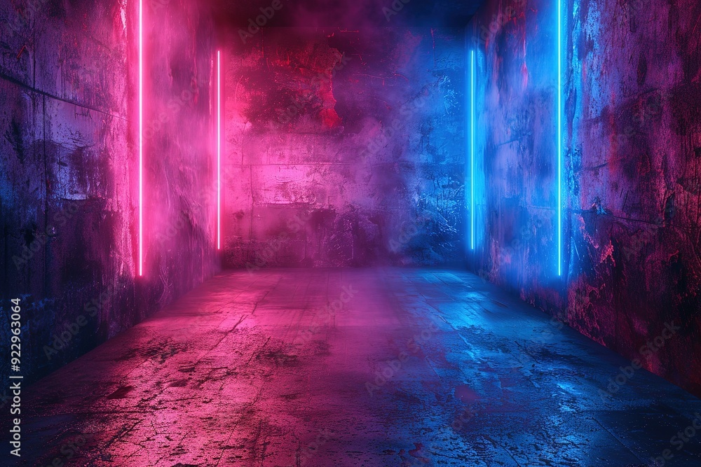 Grungy room lit by vibrant neon lights. Grungy room lit by vibrant neon lights.