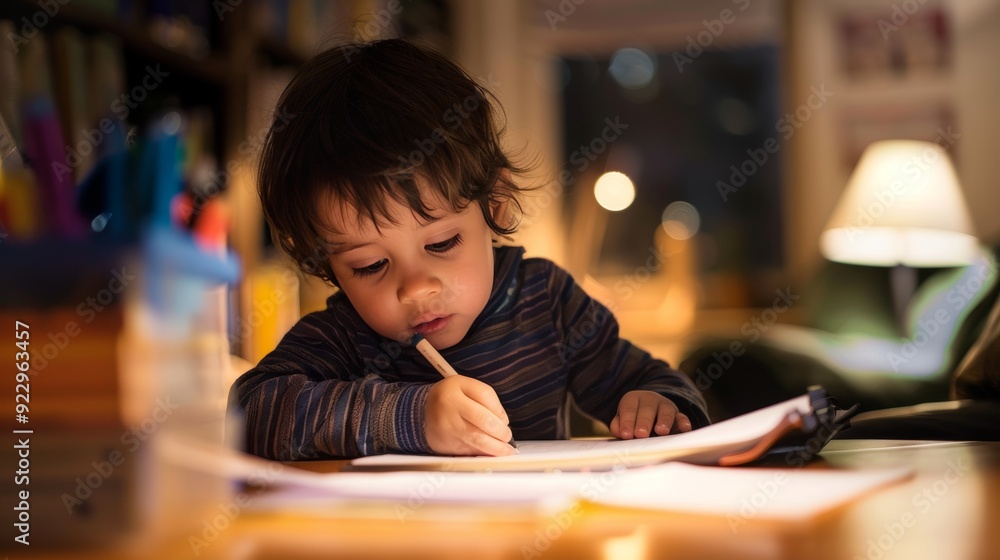 Diligent young student engrossed in completing school assignments with dedication at home Diligent young student engrossed in completing school assignments with dedication at home