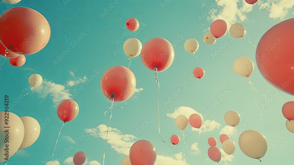 A collection of red and white balloons floating in a blue sky with white clouds. A collection of red and white balloons floating in a blue sky with white clouds.