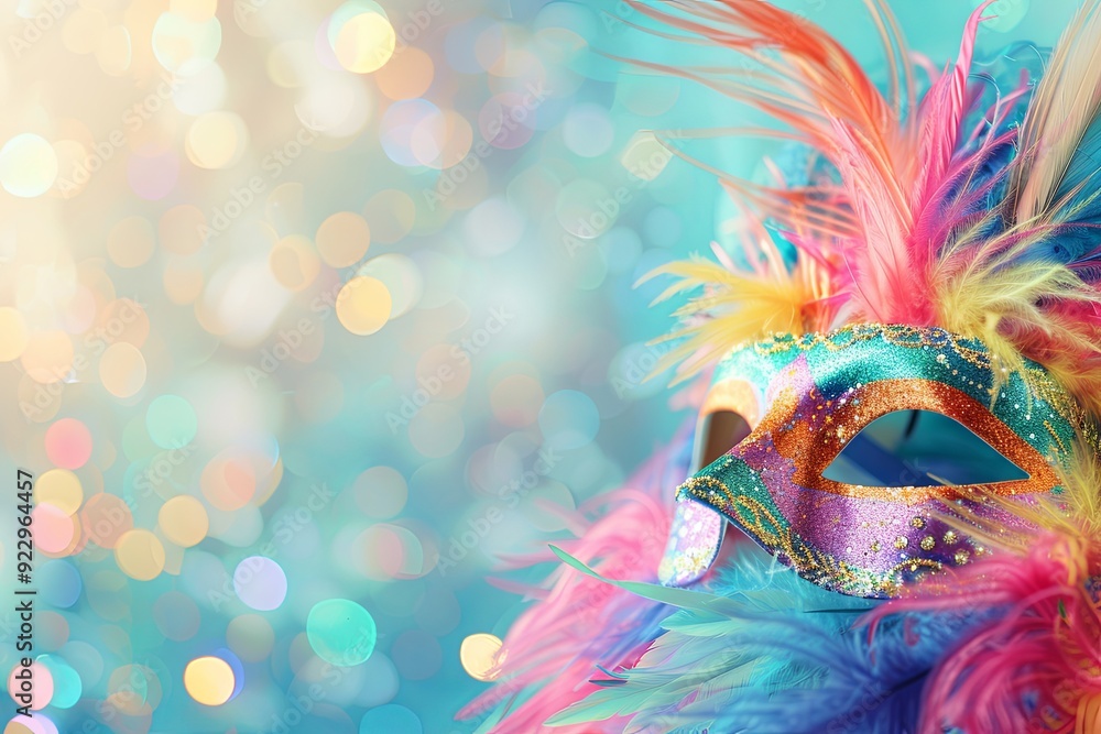 Colorful masquerade mask with feathers on a blurred background of lights. Colorful masquerade mask with feathers on a blurred background of lights.