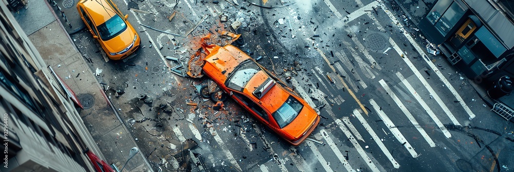 Fototapeta premium An aerial view of a car accident at a crossroads. Generative Ai