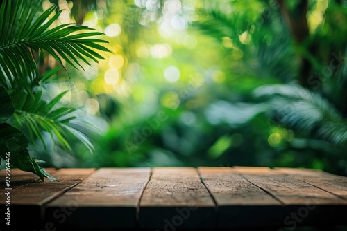 Wooden table podium floor in outdoor tropical garden with blurry green leaf plants nature background with generative ai