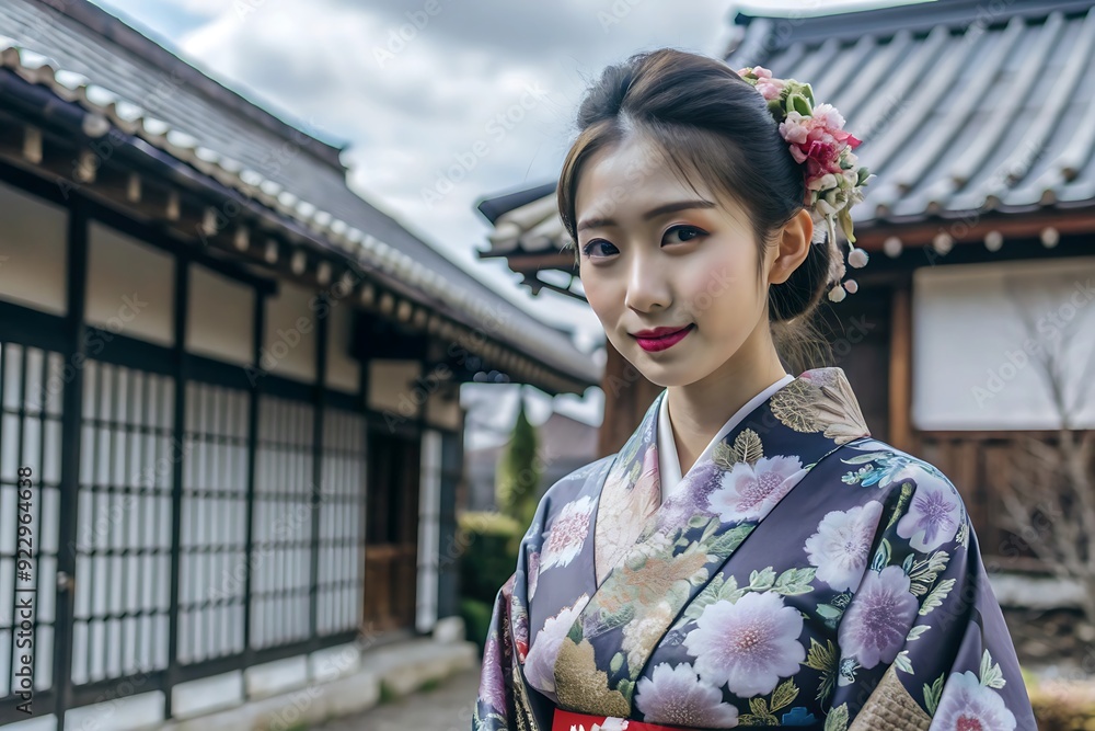 Japanese Woman in Traditional Kimono with Flower Hair Ornament. Japanese Woman in Traditional Kimono with Flower Hair Ornament.