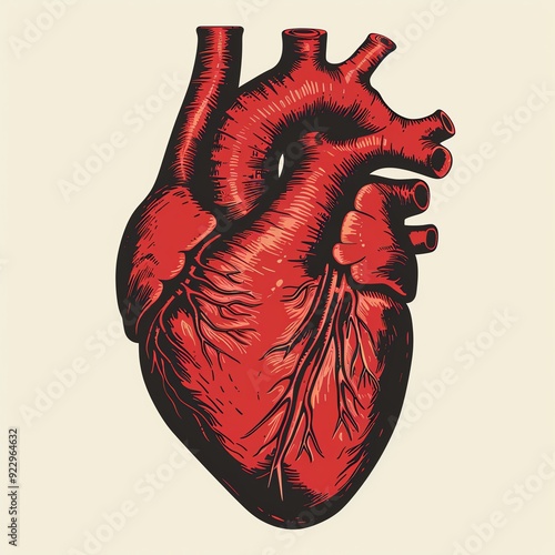 A detailed anatomical illustration of a human heart, showcasing its chambers and vessels.