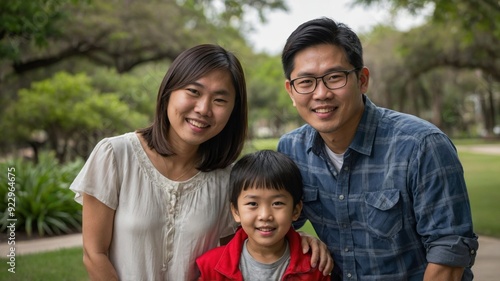 Photo of young Asian family at park