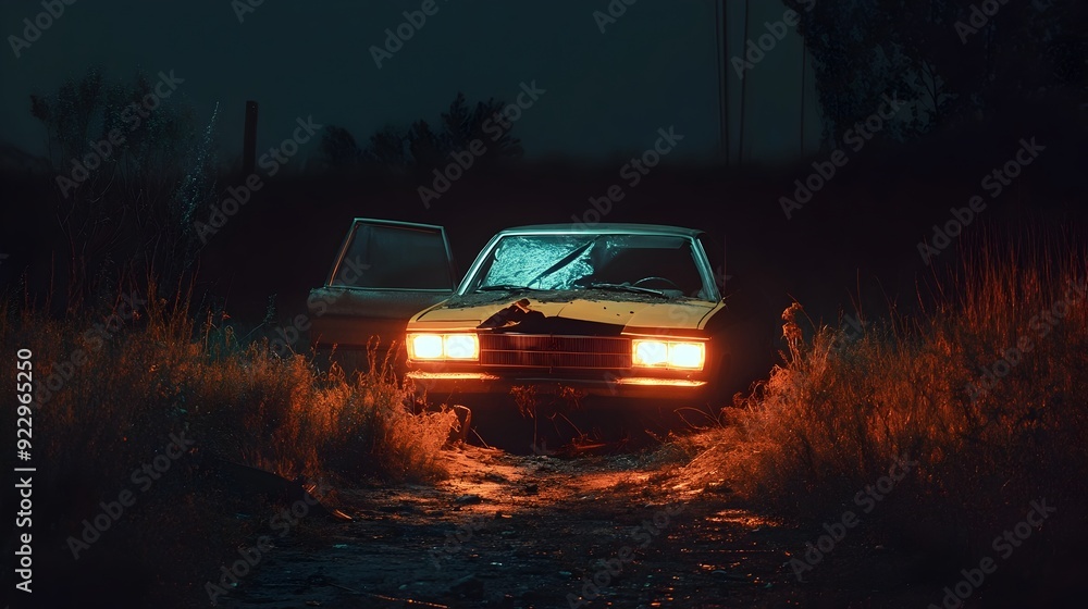 Obraz premium Broken down Vintage Car Illuminated by Headlights at Night in Desolate Landscape