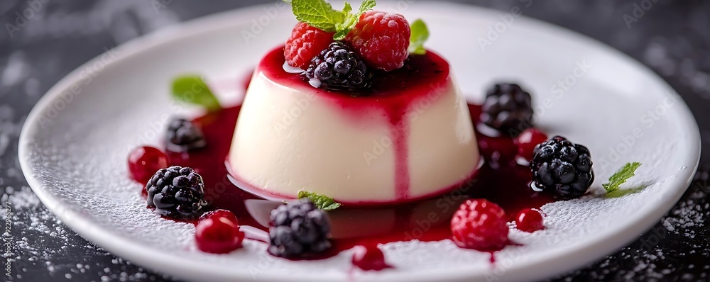 Delicious Panna Cotta with Berry Sauce and Fresh Mint - Food Photography Delicious Panna Cotta with Berry Sauce and Fresh Mint - Food Photography