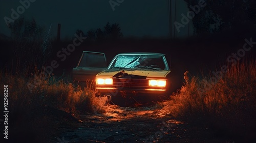 Broken down Vintage Car Illuminated by Headlights at Night in Desolate Landscape photo