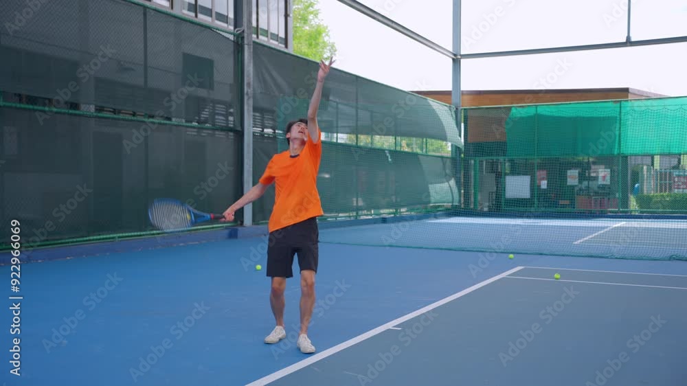 Asian young sportsman playing tennis on the court during sport match. Asian young sportsman playing tennis on the court during sport match.