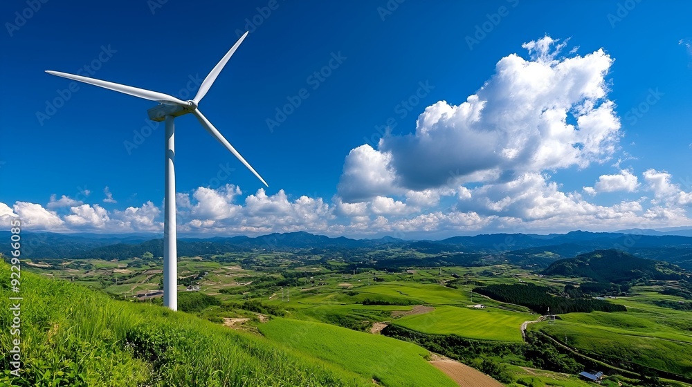 A breathtaking view of a wind turbine standing tall on a lush green hillside, overlooking expansive fields and distant mountains under a vibrant blue sky with scattered clouds. A breathtaking view of a wind turbine standing tall on a lush green hillside, overlooking expansive fields and distant mountains under a vibrant blue sky with scattered clouds.