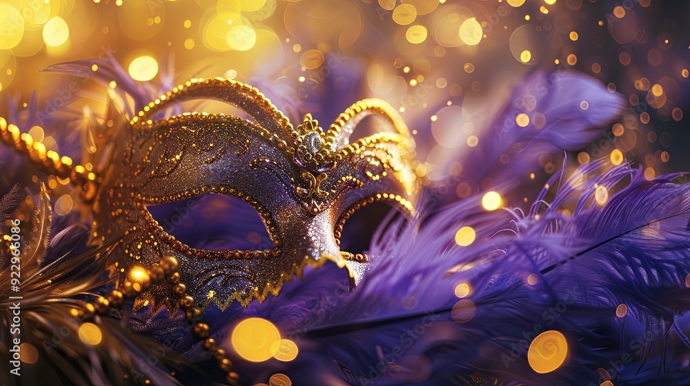 A golden masquerade mask sits on purple feathers against a blurred background of golden bokeh lights. A golden masquerade mask sits on purple feathers against a blurred background of golden bokeh lights.