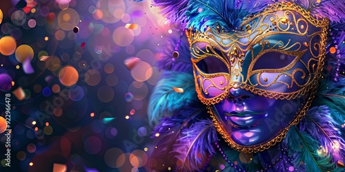 Close-up of a blue and gold masquerade mask adorned with feathers, against a bokeh background of pink and orange lights.