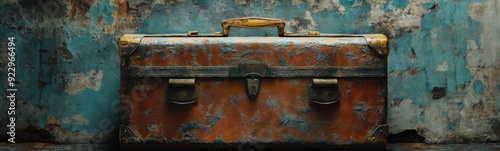 Rusted suitcase sitting against a wall, Travel concept, Banner, Copy space