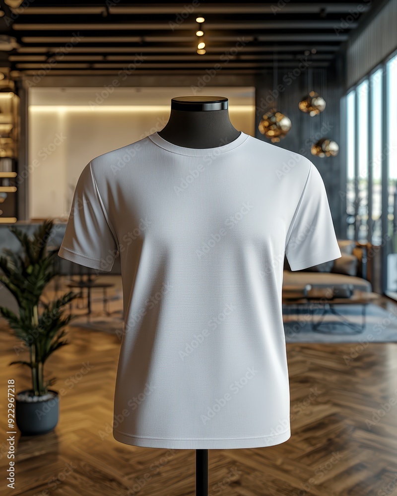Stylish white t-shirt displayed on a mannequin, perfect for fashion showcasing in modern interior settings. Stylish white t-shirt displayed on a mannequin, perfect for fashion showcasing in modern interior settings.