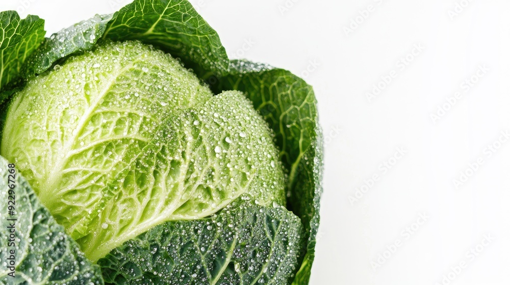 Fototapeta premium Close-up of a fresh green cabbage with water droplets.