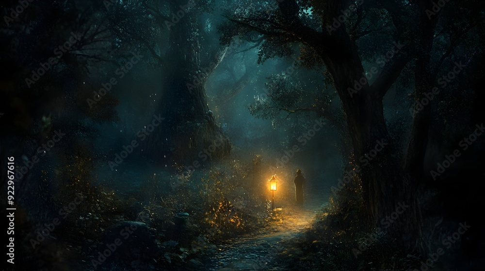 Fototapeta premium Solitary Path Illuminated by a Lone Lantern in a Mystical Forest Landscape
