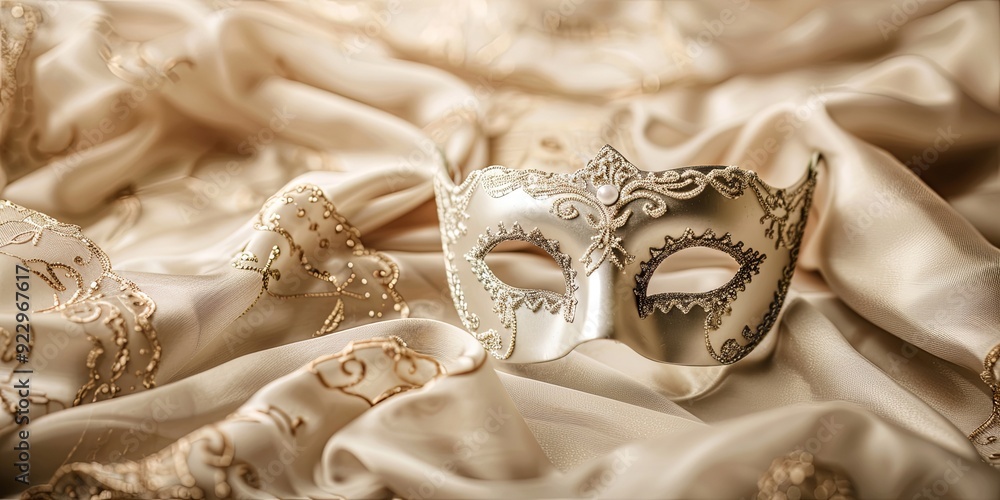 Elegant Venetian masquerade mask on soft cream satin fabric. Elegant Venetian masquerade mask on soft cream satin fabric.