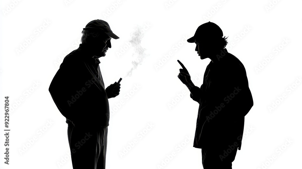 Silhouetted figures in a conversation, one smoking. Captures tension and engagement in a stylized black and white composition.