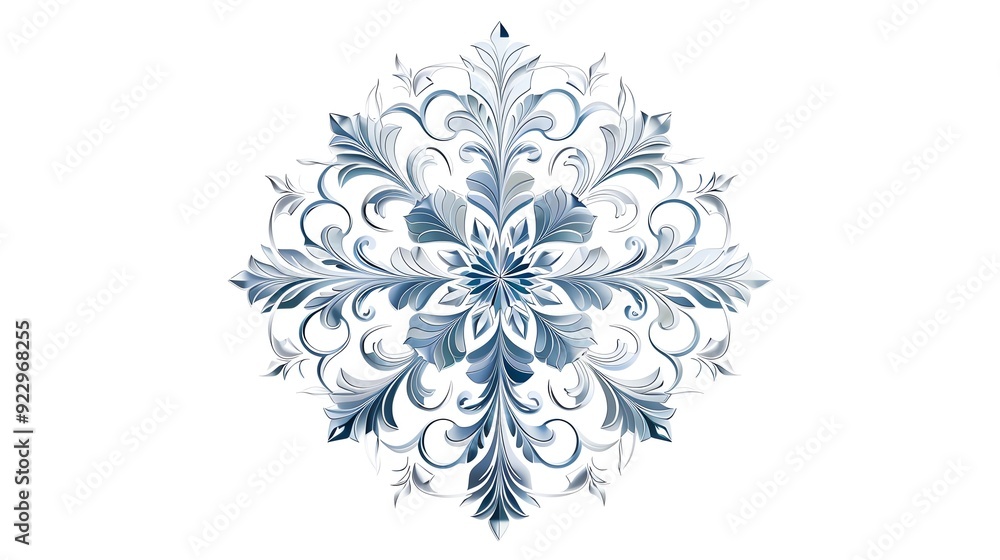 An intricate blue and silver snowflake design on a white background. Perfect for winter and holiday themed designs.