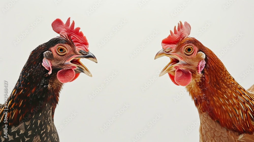 Naklejka premium Two chickens with their beaks open facing each other.