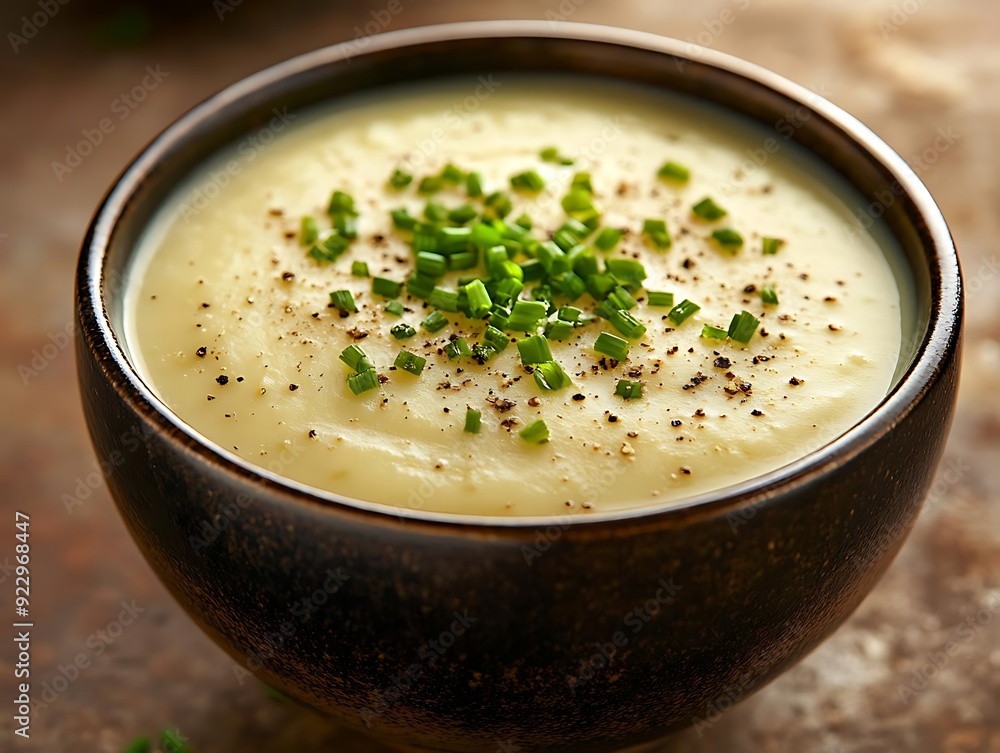 Creamy Potato Soup with Chives and Pepper - Food Photo Creamy Potato Soup with Chives and Pepper - Food Photo