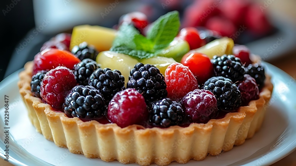Delicious Fruit Tart with Fresh Berries and Mint - Food Photography Delicious Fruit Tart with Fresh Berries and Mint - Food Photography