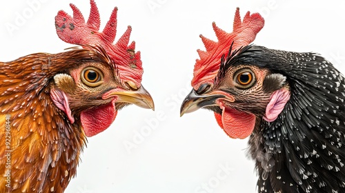 Two chickens, one with red feathers and one with black feathers, are looking at each other. photo