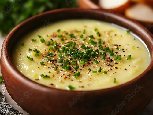 Creamy Potato Soup with Chives and Pepper - Food Photography