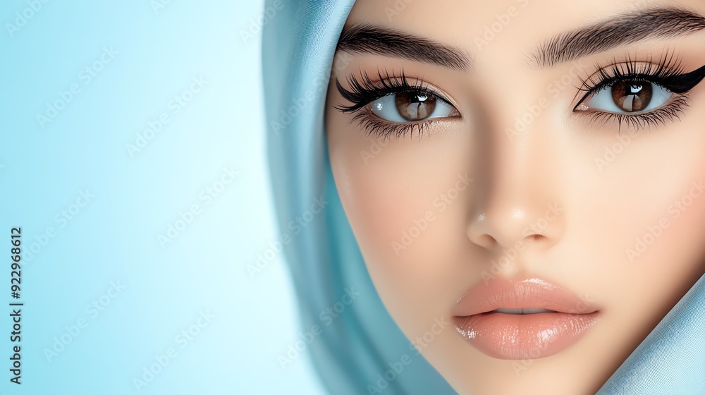 A striking portrait of a young woman with mesmerizing eyes and elegant makeup, wearing a chic light blue hijab. A striking portrait of a young woman with mesmerizing eyes and elegant makeup, wearing a chic light blue hijab.