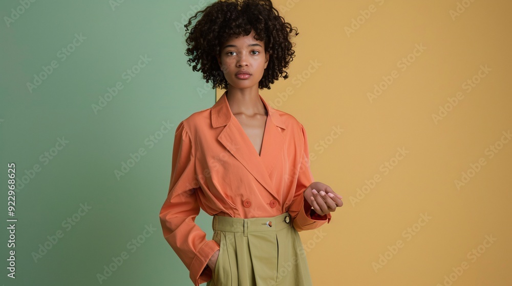 Detailed shot of a model holding a pair of fashionable trousers on a simple color backdrop Detailed shot of a model holding a pair of fashionable trousers on a simple color backdrop