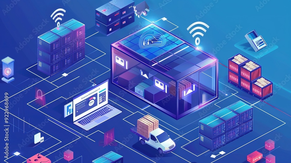 Fototapeta premium Smart Warehouse System with Automated Delivery and Connected Devices
