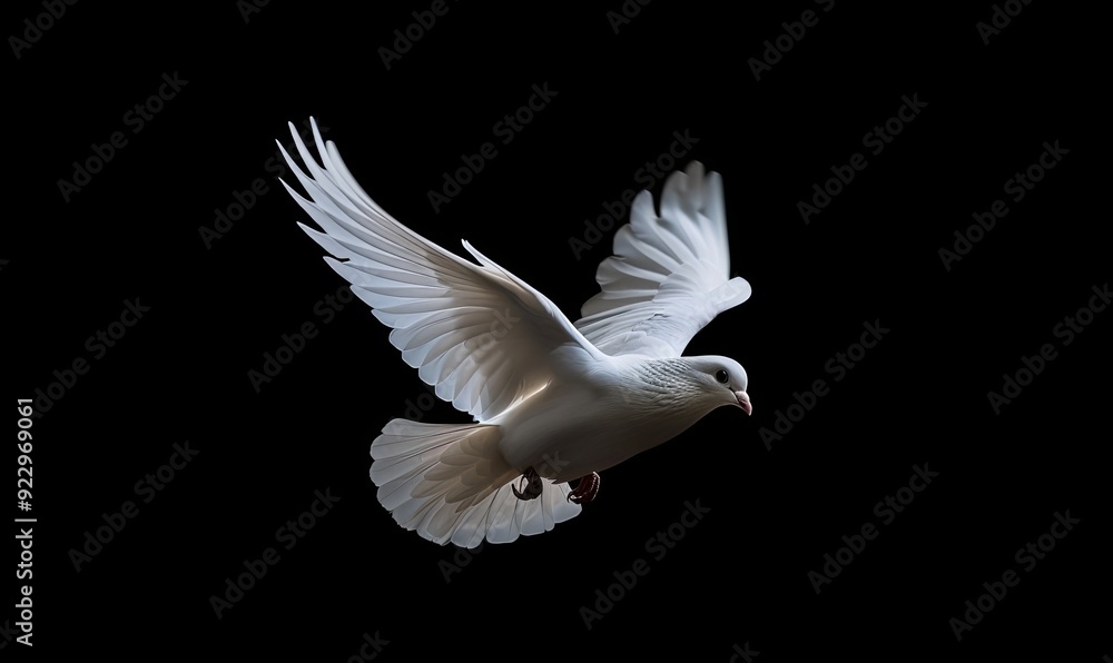 Obraz premium A white dove in flight with its wings spread wide against a black background.