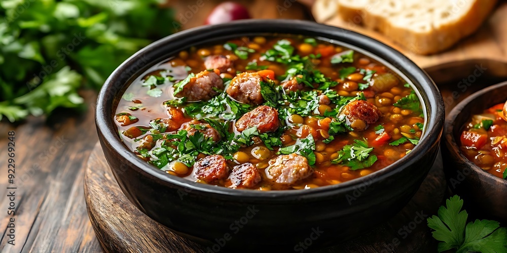 Lentil Soup with Sausage and Parsley - Realistic Food Photography Lentil Soup with Sausage and Parsley - Realistic Food Photography