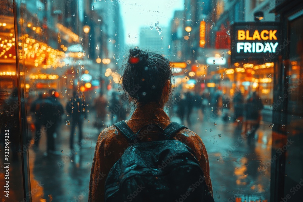Woman standing in the rain looking out the window, BLACK FRIDAY, Sale discount concept Woman standing in the rain looking out the window, BLACK FRIDAY, Sale discount concept
