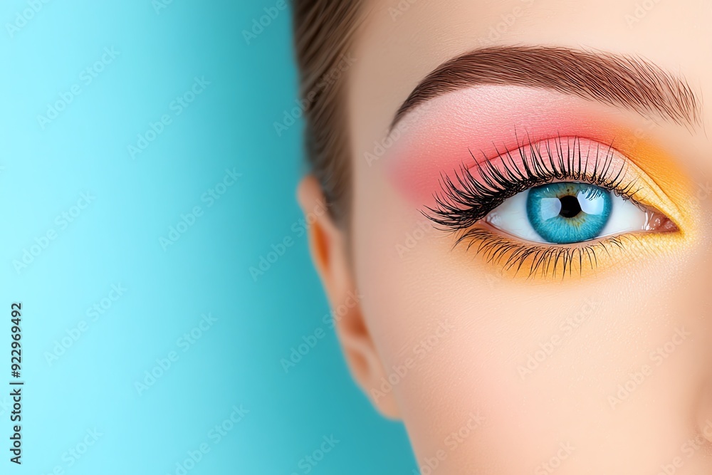Fototapeta premium Close-up of a vibrant eye featuring colorful makeup, showcasing artistic beauty and elegance against a pastel background.