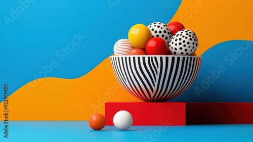 Stylized illustration of bowl filled with candies in bold lines and colors photo