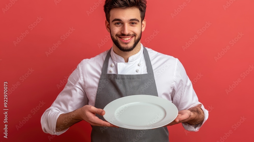 Young waiter smiling fun male housewife housekeeper chef cook baker man wear grey apron hold point hand on empty plate with workspace area isolated on plain red background studio. with generative ai