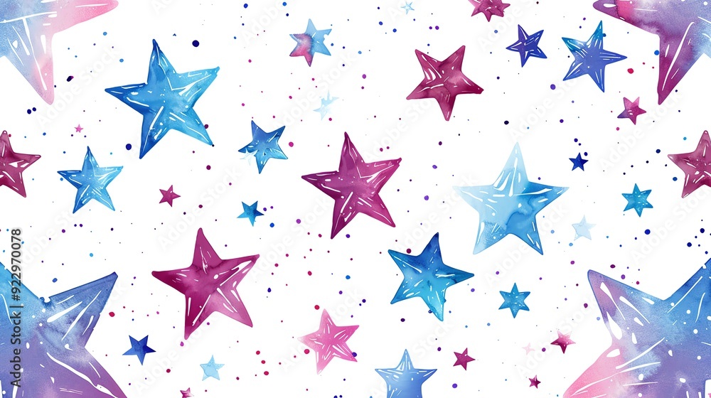 Watercolor seamless pattern with pink, blue and purple stars on white background. Watercolor seamless pattern with pink, blue and purple stars on white background.