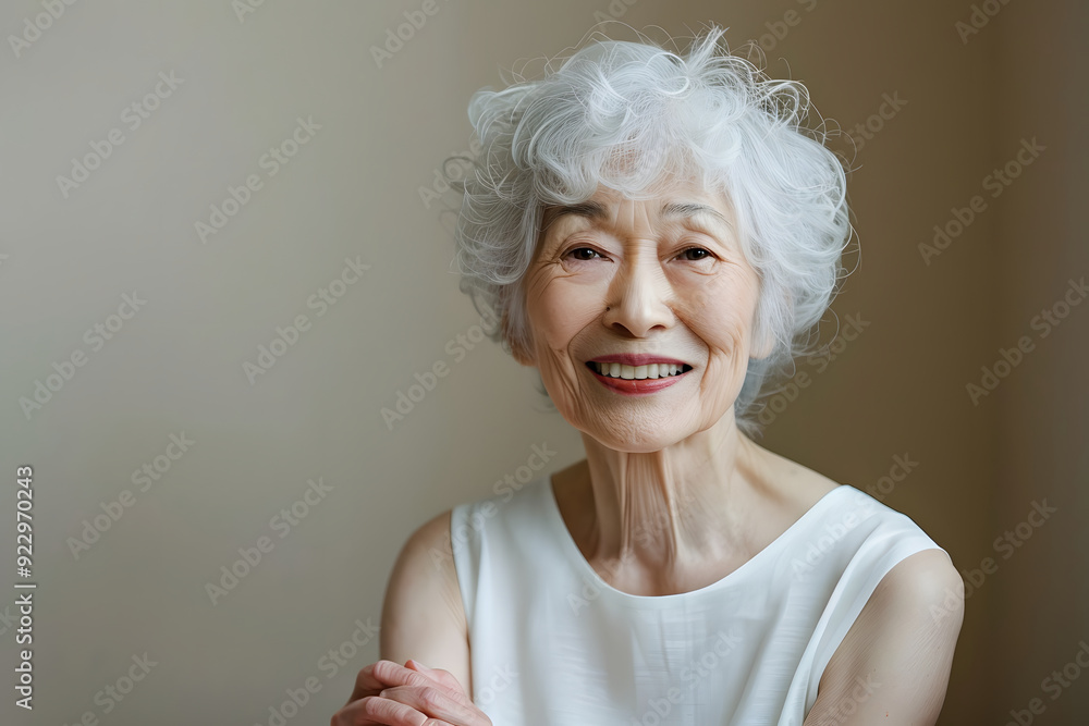 穏やかな高齢者女性の笑顔。幸福とエイジングの美しさ 穏やかな高齢者女性の笑顔。幸福とエイジングの美しさ