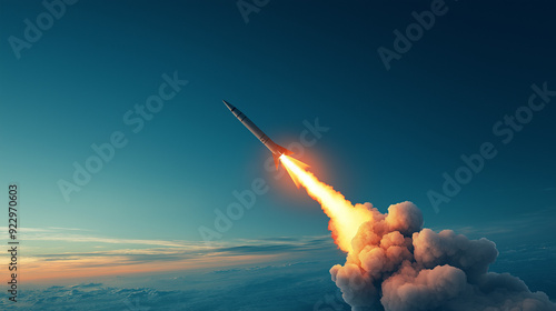 A rocket launches into the sky, leaving a trail of smoke and fire against a stunning sunset backdrop, embodying technological advancement.