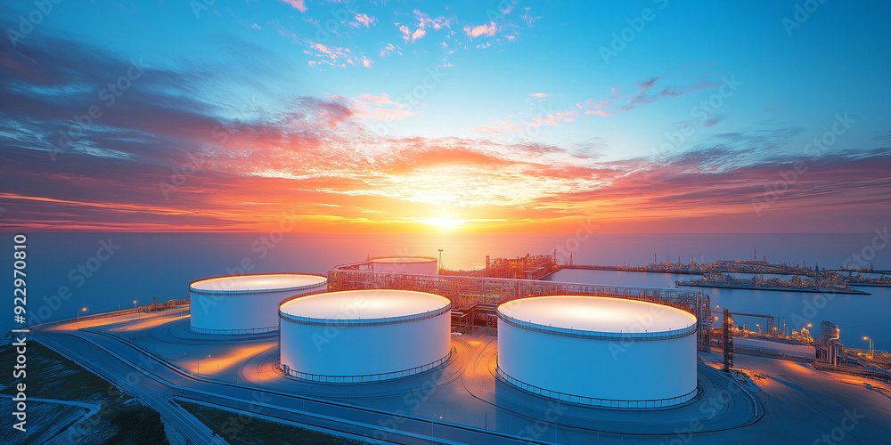A stunning sunset over oil storage tanks, highlighting the industrial landscape and vibrant colors of the sky. A stunning sunset over oil storage tanks, highlighting the industrial landscape and vibrant colors of the sky.