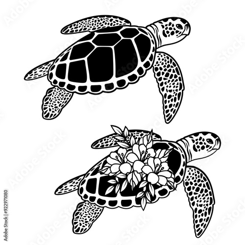 Sea Turtle | Floral Sea Turtle | Sea Animal | Marine Life | 2 Sea Turtles | Tortoise | Wildlife | Tropical Animal | Original Illustration | Vector and Clipart | Cutfile and Stencil