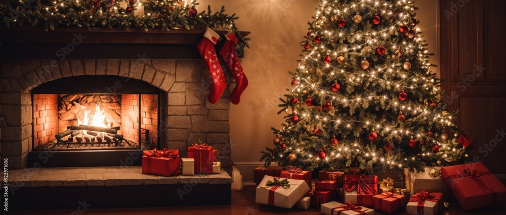 Fototapeta premium Festive Christmas Tree Fireplace Radiates Cozy Holiday Glow 